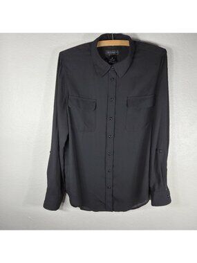 Investments Black Sheer Long Sleeve Button Up Blouse Roll Tab Sleeve Size M